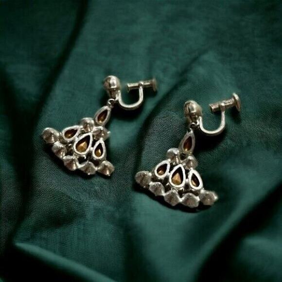 Vintage Signed Czech Rhinestone Fan Earrings Dangle Teardrop Flared Screw Back - Picture 3 of 6